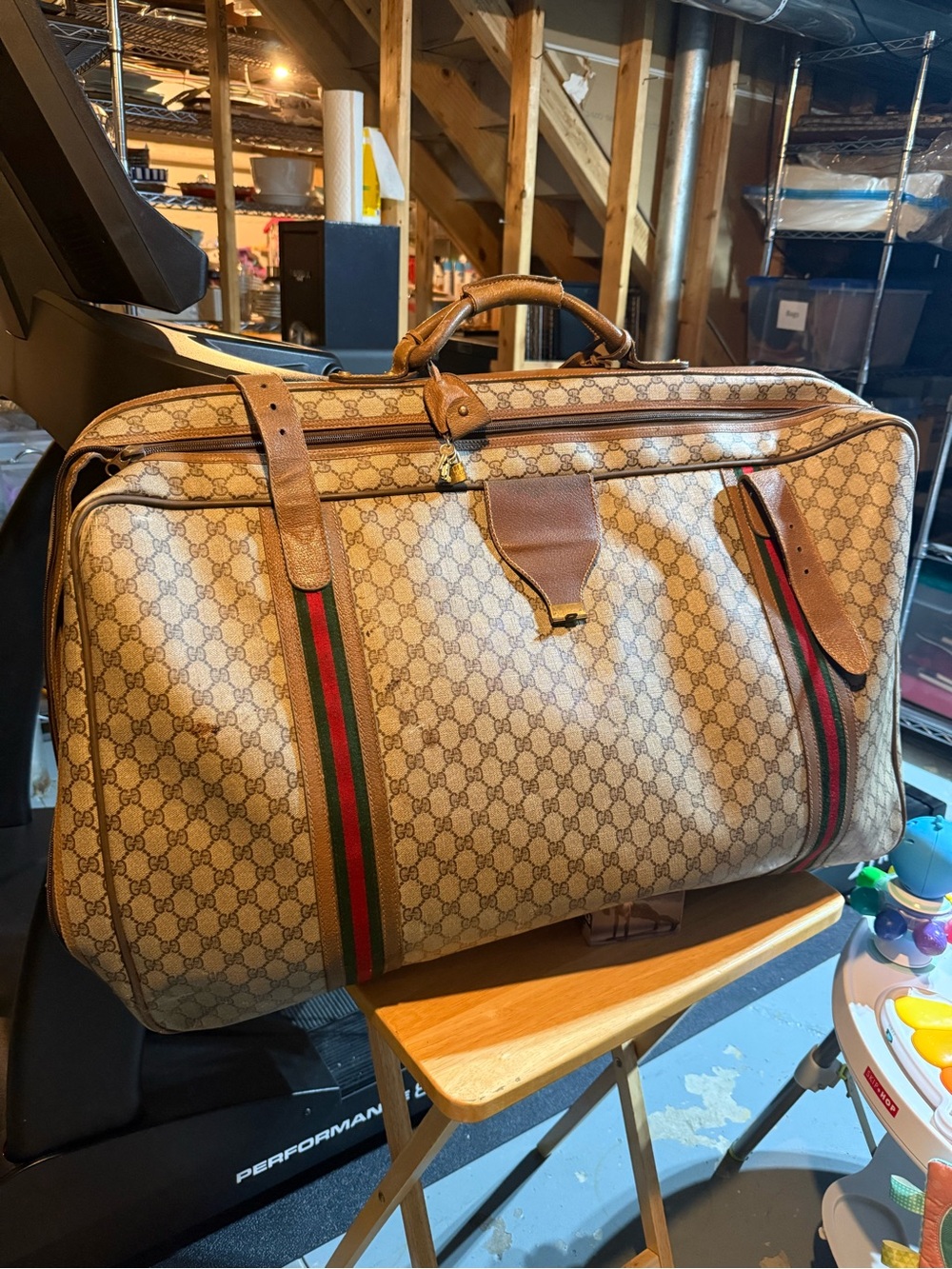 Gucci Beige Monogram Garment Bag with Red-Green Web Stripe